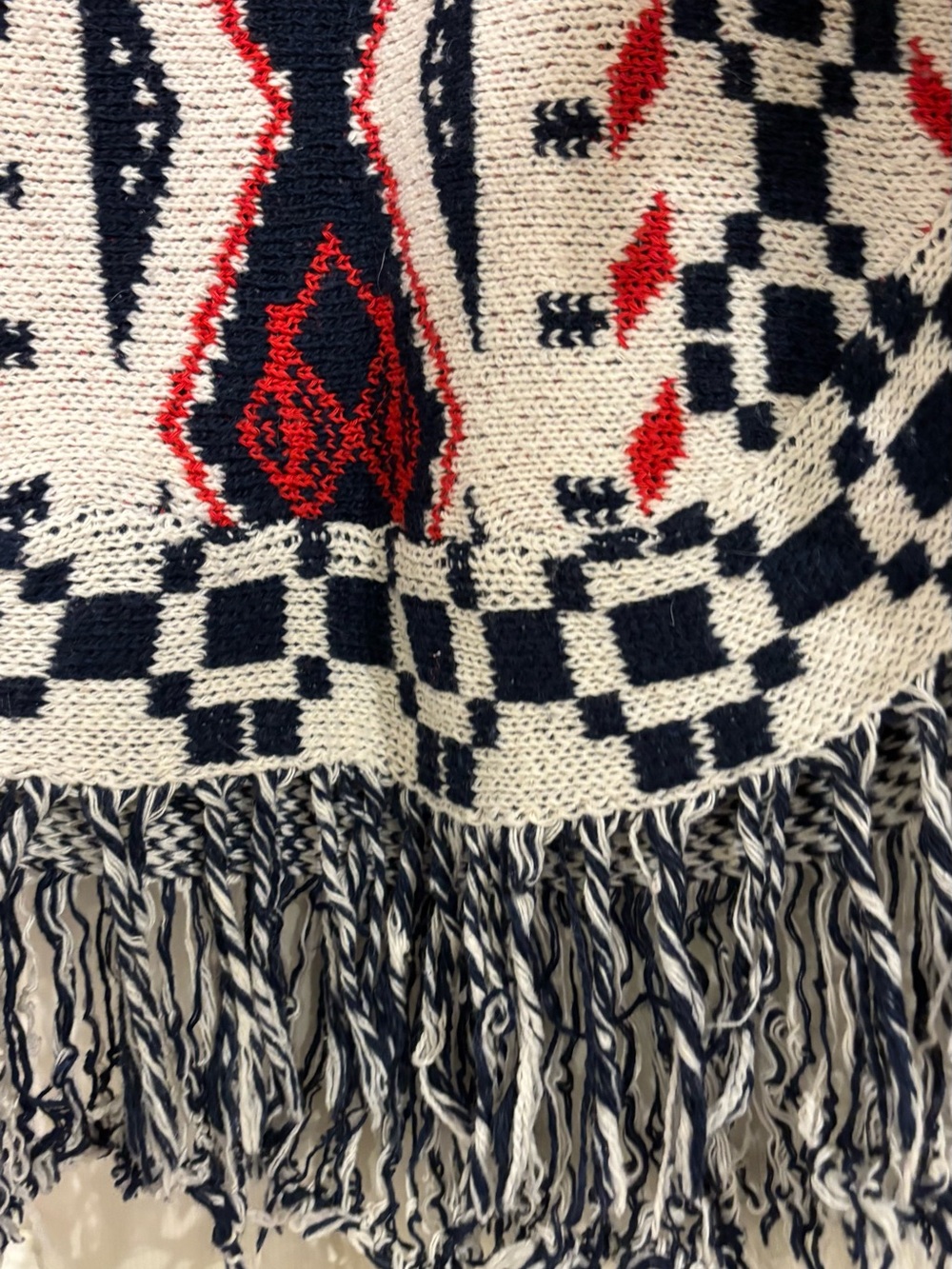 Ardene Cream Knit Fringe Poncho with Navy and Red Geometric Design - Picture 4 of 5